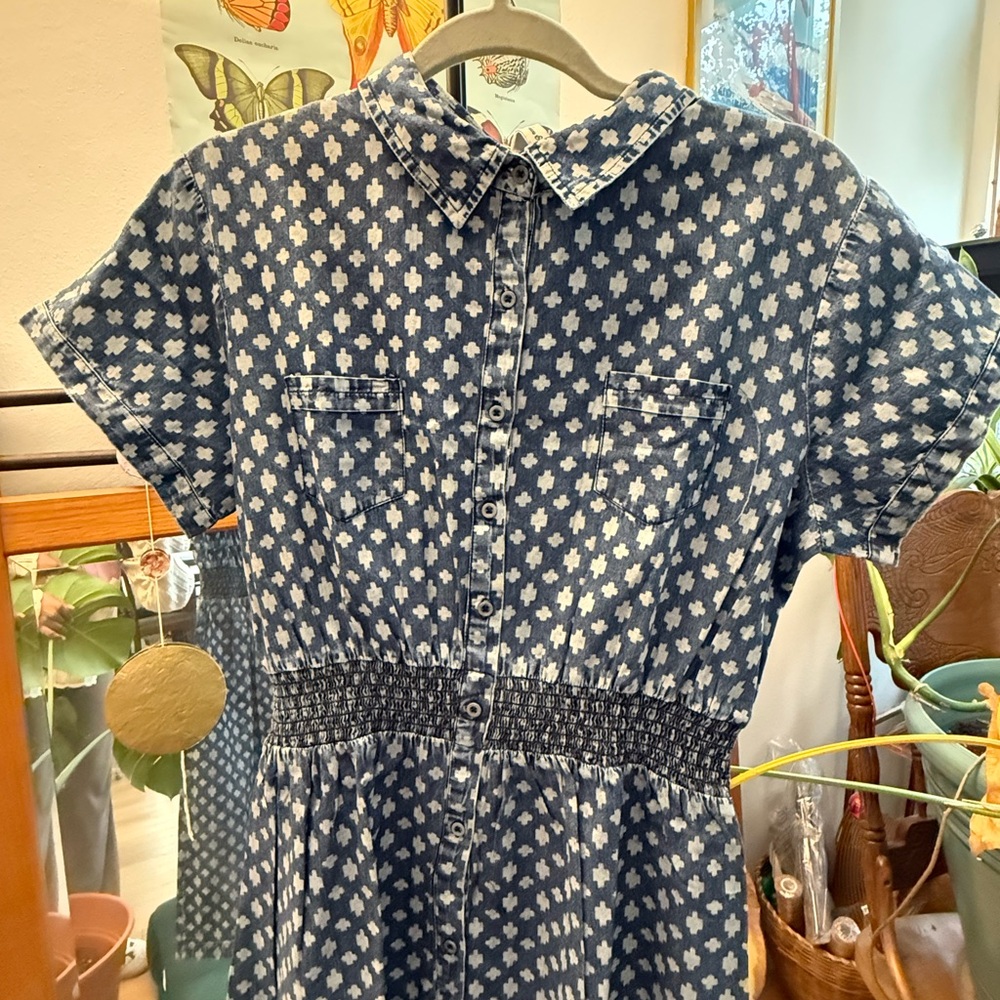 Blue and White Patterned Denim Shirt Dress